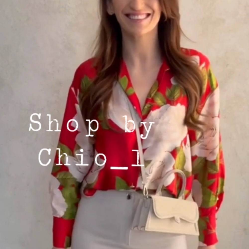 ZARA LONG PRINTED SHIRT Satin effect with V-neck color red Bloggers  Favorite - Picture 6 of 13